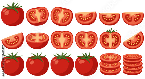 Collection of fresh red tomatoes, whole and sliced, presented in a clean vector graphic illustration on a white background.