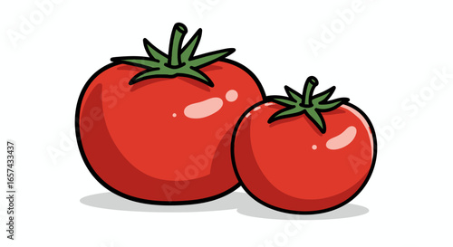 A vibrant red vector illustration depicting two fresh, ripe tomatoes of different sizes, perfect for culinary and healthy eating designs with a clean, isolated background.