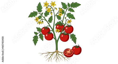 Detailed vector illustration of a tomato plant with ripe red fruits, yellow flowers, and visible roots, ideal for educational or culinary designs on a transparent background.