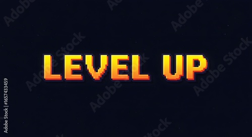 Bright Pixelated Text Level Up on Dark Space Background for Gaming and Digital Content