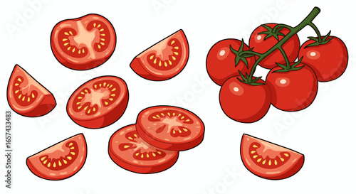 A vibrant collection of fresh red tomatoes, including whole ones on a vine, and various slices, presented in a clean vector style.