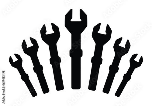 Collection of spanner tools arranged in a fan shape silhouette