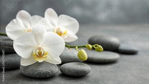 White orchid flowers with spa stones on grey background — symbolizing balance and relaxation