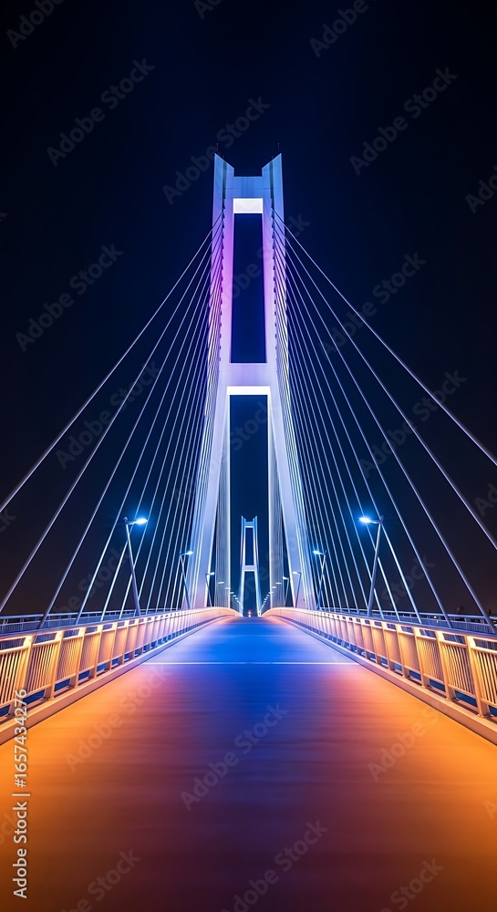 Fototapeta premium Modern suspension bridge illuminated with vibrant blue and orange lights at night