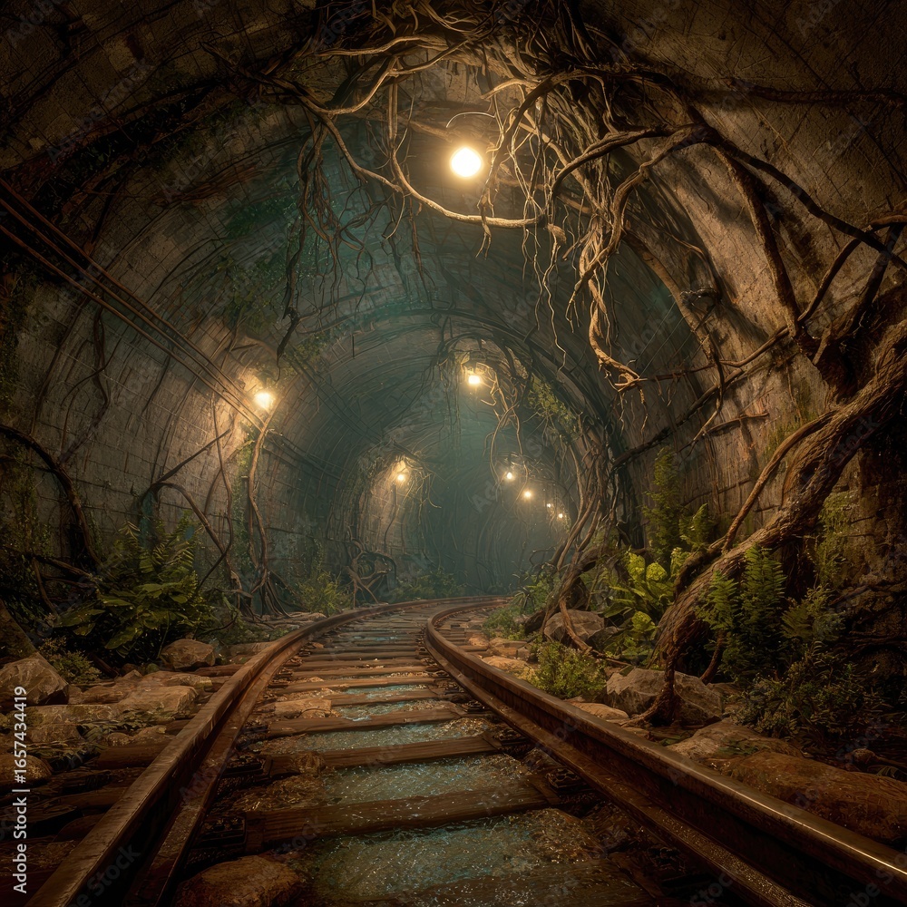 Naklejka premium Overgrown Railway Tunnel, Abandoned, Nature Reclaiming, Foggy, Mysterious, Game Asset