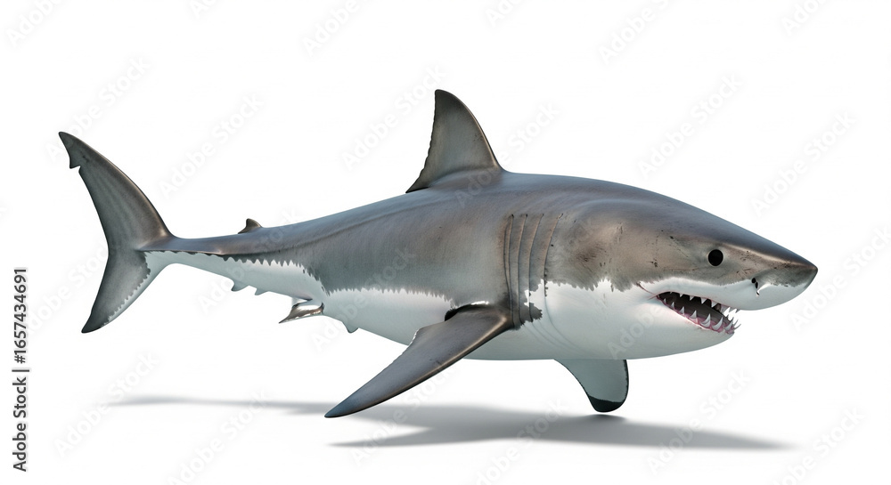 Naklejka premium Majestic Great White Shark Swimming Aggressive Ocean Predator on an Isolated transparent background.