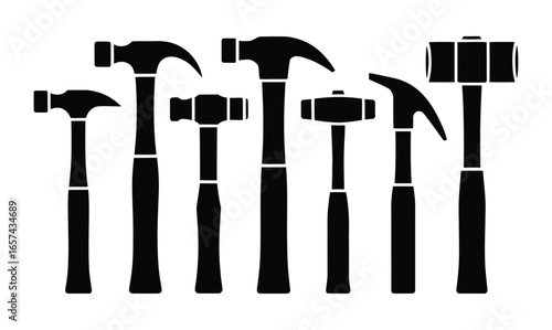 Collection of various hammer tools in a black silhouette