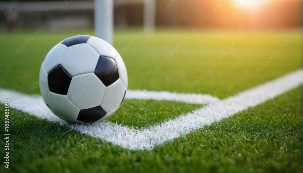 Obraz premium Soccer ball on grass field with white boundary line, blurred background of sunset over soccer field, low angle view.