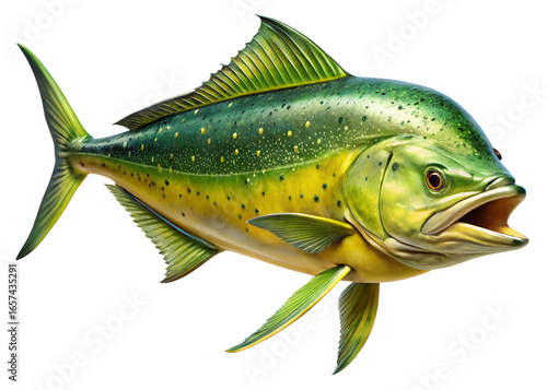 Detailed Mahi Mahi Fish Illustration with Open Mouth on Transparent Background
