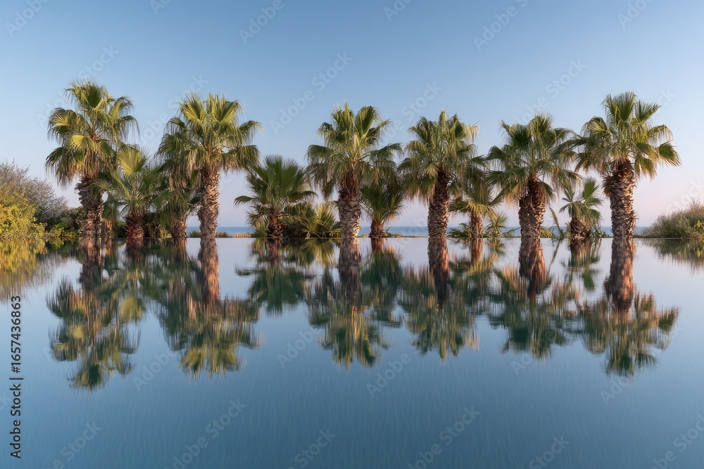 Obraz premium Palm trees reflected in a pool, tranquil scene