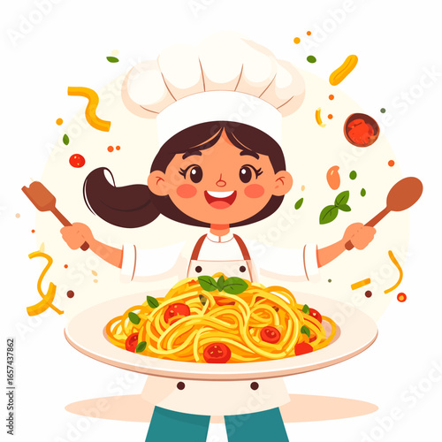 Vibrant illustration of a cheerful young chef showcasing a delicious spaghetti dish. Floating ingredients symbolize the passion, creativity, and joy in culinary arts.