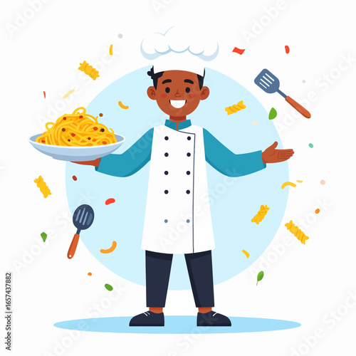 Joyful Male Chef Presents a Plate of Delicious Spaghetti Surrounded by Confetti and Utensils