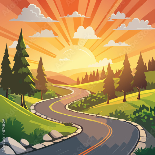 Winding road through a sunset landscape. Scenic drive with sunset and mountains. Peaceful countryside road with sunset. Curved road leading into a warm sunset. Beautiful road under vibrant sunset sky.