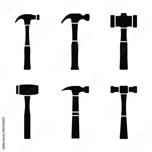 Collection of six hammer silhouettes for construction and diy silhouette