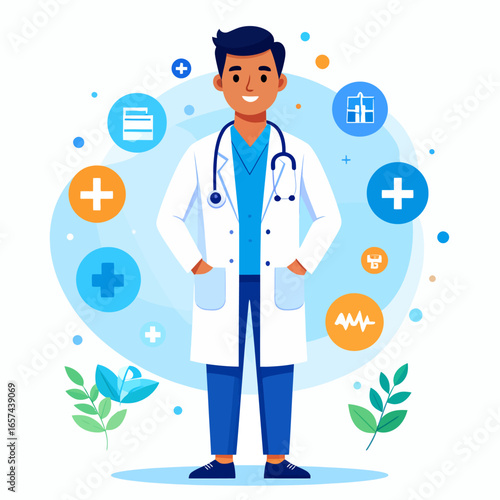 Cheerful Doctor in White Coat Surrounded by Medical Icons and Decorative Floral Elements