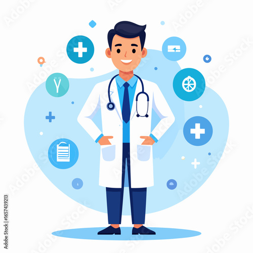 Professional Doctor Character with Medical Icons and Symbols, Representing Healthcare Services