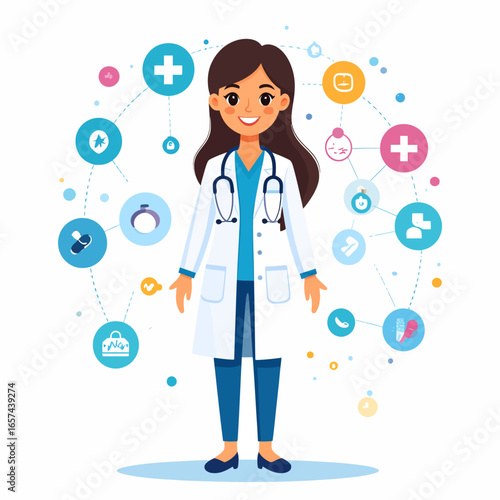 Smiling female doctor in a white coat surrounded by medical icons, representing healthcare and wellness