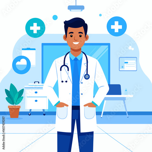 Illustration of a smiling doctor in a white coat with a stethoscope around his neck in a medical office