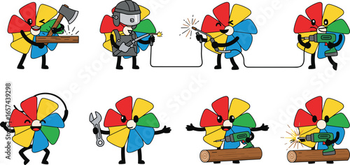 Colorful pinwheel cartoon characters working with tools, welding, drilling, axe chopping, active construction workers, cheerful diy project, handyman vector illustration, creative 
