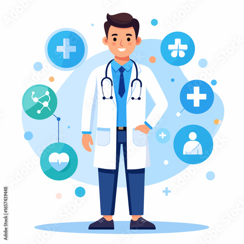 Digital healthcare concept illustration featuring a friendly male doctor surrounded by various medical symbols representing modern health services and technology.
