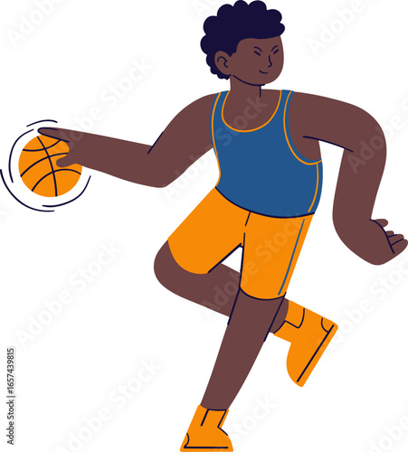 Cartoon illustration of a dark-skinned young man dribbling a basketball with a determined expression, wearing a blue tank top and orange shorts.