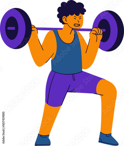 Illustration of a man lifting a barbell, squatting with a determined expression, wearing workout clothes.