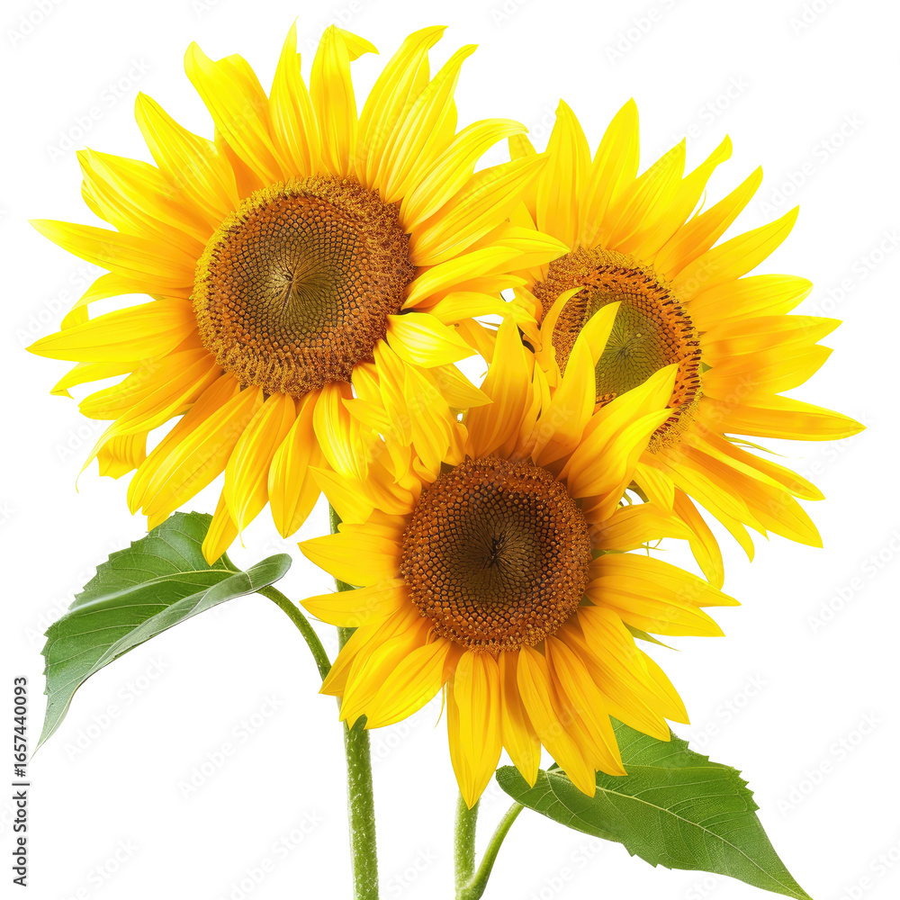 Obraz premium Three vibrant sunflowers in close proximity, showcasing bright yellow petals and dark brown centers. Green leaves add a touch of nature