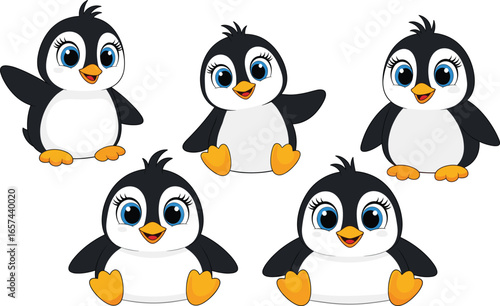 Cute cartoon baby penguin character with big blue eyes, happy smiling faces, sitting and waving poses, adorable bird vector art, playful child penguin illustrations