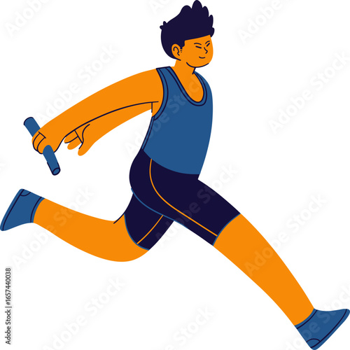 A stylized illustration of a young male athlete in mid-stride, wearing athletic attire and holding a baton, poised for a relay race.