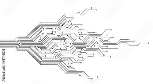 Abstract electronic circuit board with many paths and connections, isolated on transparent background