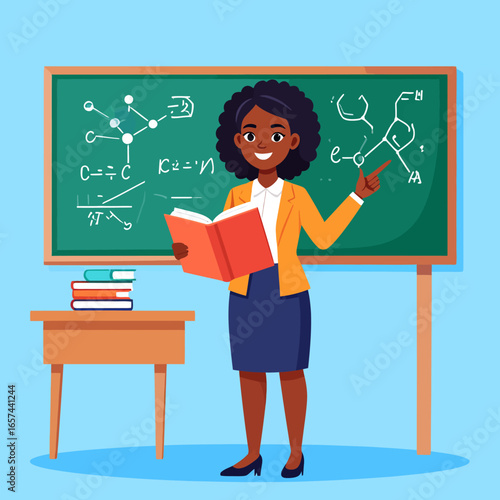 Enthusiastic female teacher presenting scientific formulas on a classroom chalkboard while holding a textbook, creating an engaging and insightful learning environment.