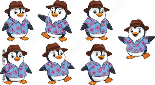 Cute cartoon penguin wearing brown hat, blue floral Hawaiian shirt, various happy poses, summer vacation theme, playful character, adorable bird illustration, tropical style, vector art collection
