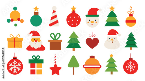 Festive Christmas Icons Set with Trees Ornaments Santa and Gifts
