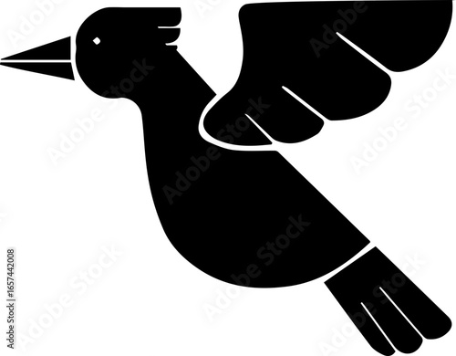 Stylized black silhouette of a bird in flight, with wings spread and beak pointed forward.
