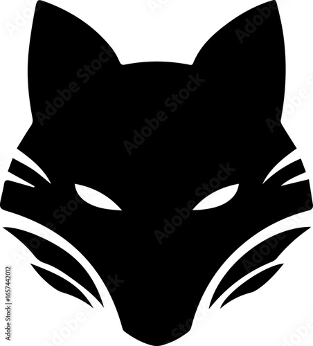 Stylized black silhouette of a fox's head with piercing white eyes and decorative facial markings.