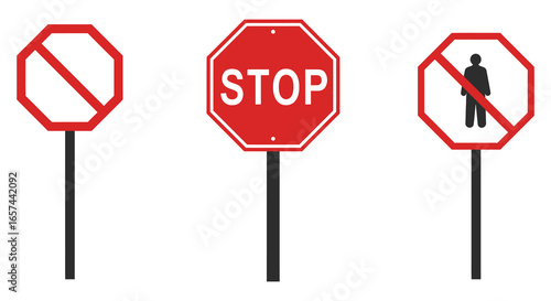 Collection of stop signs and prohibited signs on poles silhouette