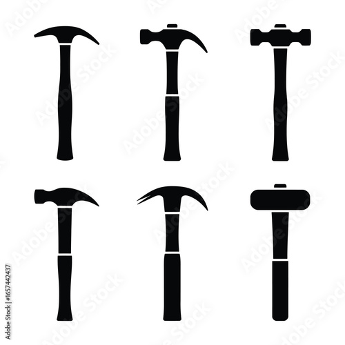 Collection of six different hammer tool silhouettes silhouette