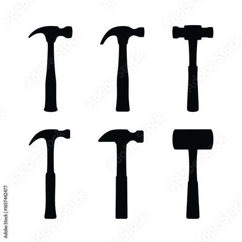 Collection of six different hammer tool silhouettes silhouette