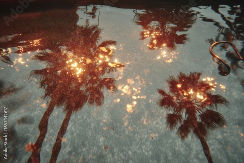Palm trees reflected in water, golden light