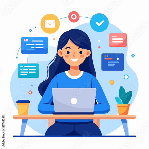 Happy female freelancer efficiently managing multiple digital tasks and projects on her laptop in a modern workspace illustration.