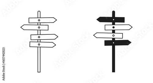 Directional signs with multiple arrows on a single post in black and white silhouette