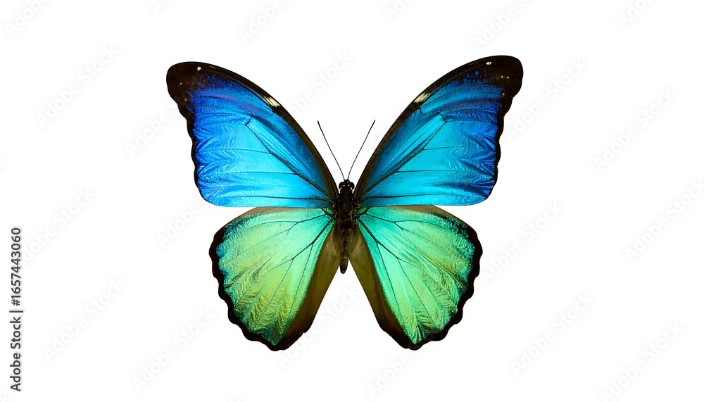 Fototapeta premium Vibrant blue and green butterfly with dark edges, isolated on white