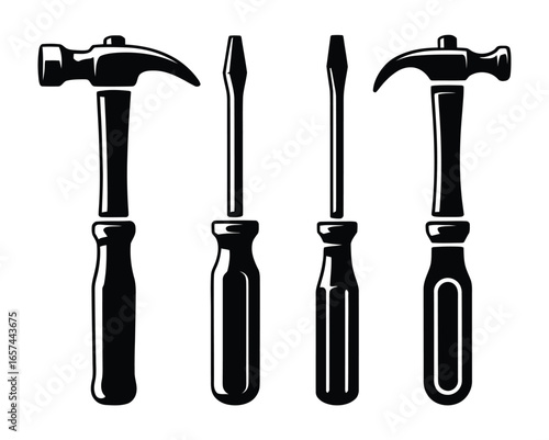 Set of hand tools hammer and screwdriver silhouette