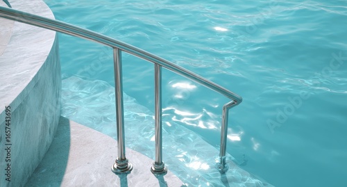 Pool steps and railing, turquoise water