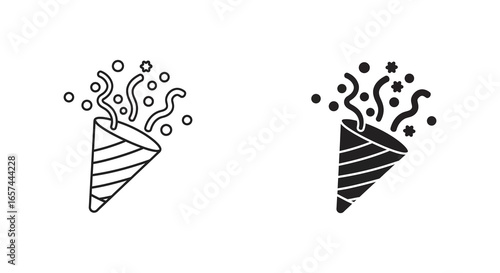 Black and white party horns with confetti and stars celebration silhouette