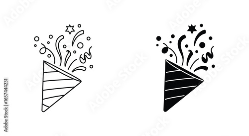 Party popper icons in black and white line art styles with festive confetti silhouette