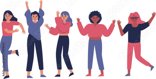Five diverse women are joyfully dancing and celebrating with their arms raised in the air, expressing happiness and freedom.