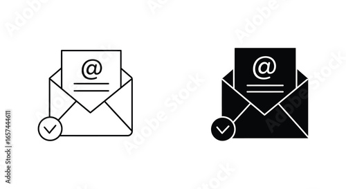 Email icons with checkmarks in black and white on clean background silhouette