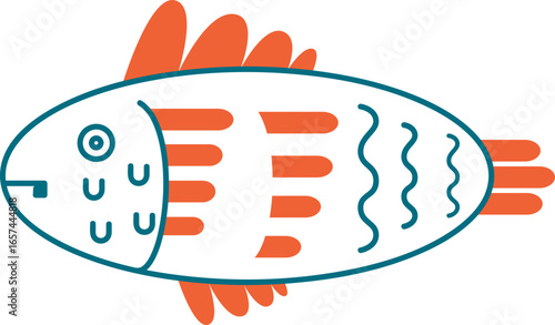 A stylized illustration of a fish with orange fins and teal body details.