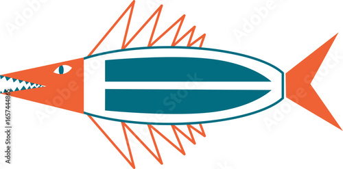 Stylized illustration of a predatory fish with sharp teeth and fins, featuring a teal body with white stripes.